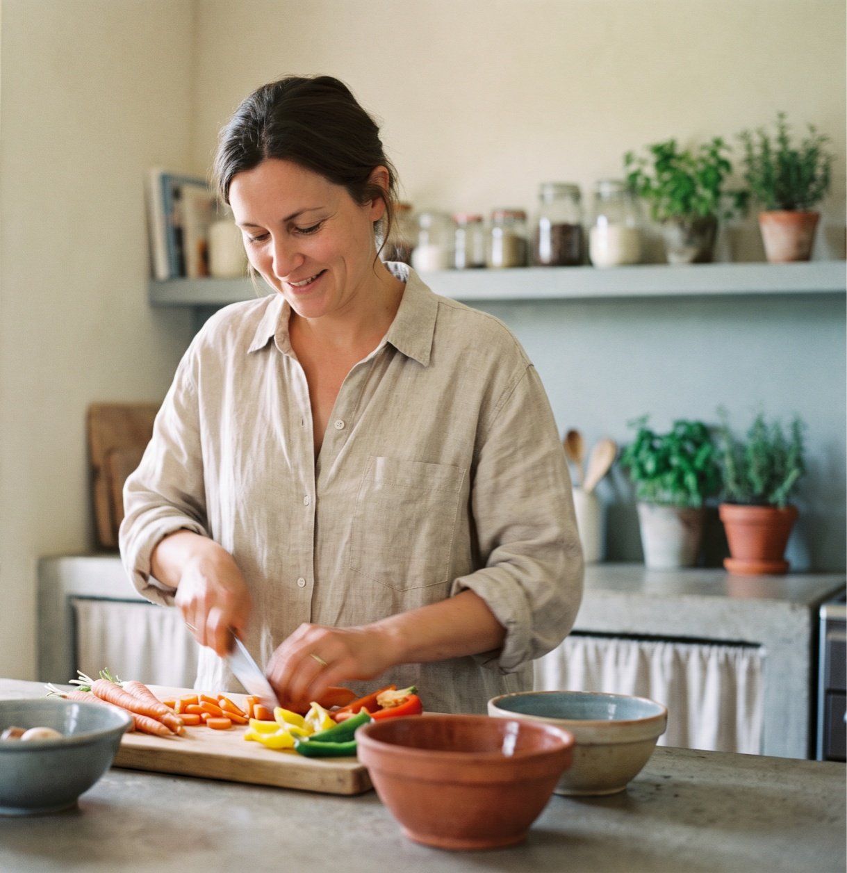 Woman preparing a fresh vegetable meal in her kitchen